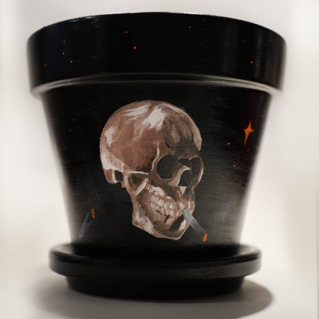 Van Gogh Skull Hand Painted Clay Pot